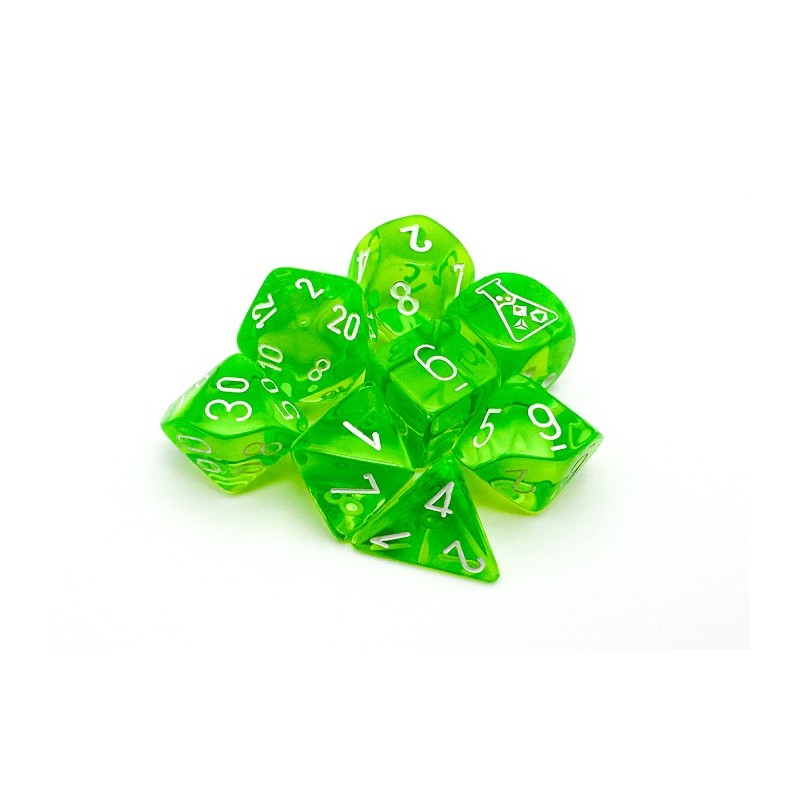 CHESSEX - Set de 8 dés - TRANSPARENT Vert Radieux / Blanc (CHX30062)