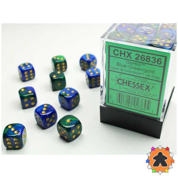 CHESSEX - Set de 36 dés 6 - GEMINI - Blue - Green/gold - CHX26836