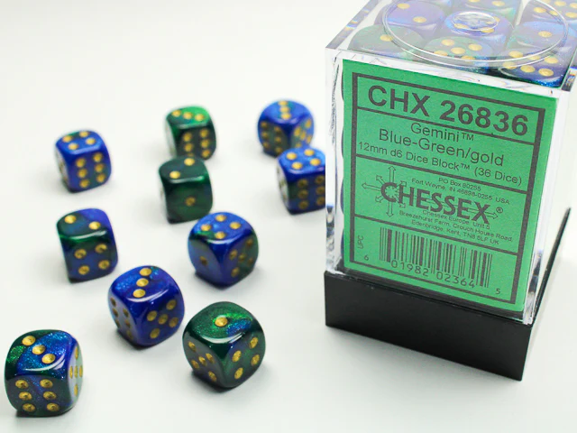 CHESSEX - Set de 36 dés 6 - GEMINI - Blue - Green/gold - CHX26836