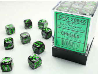 CHESSEX - Set de 36 dés 6 - GEMINI - Black - Grey/Green - CHX26845