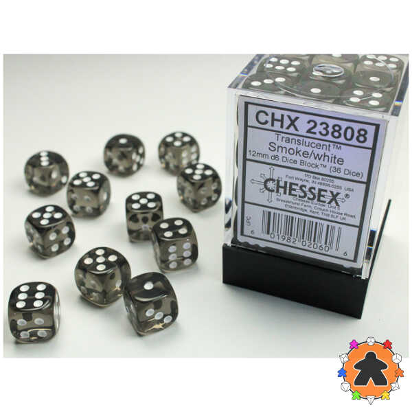 CHESSEX - Set de 36 dés 6 - TRANSLUCENT - Smoke / White - CHX23808