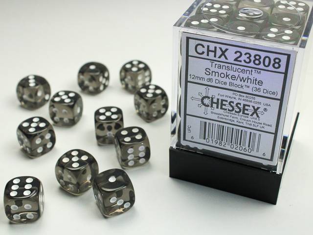 CHESSEX - Set de 36 dés 6 - TRANSLUCENT - Smoke / White - CHX23808