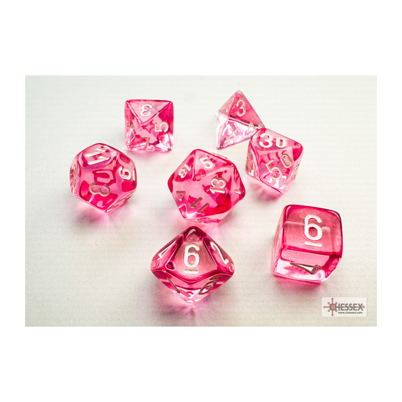 CHESSEX - Set de 7 mini dés - TRANSPARENT - Rose/Blanc - CHX20384