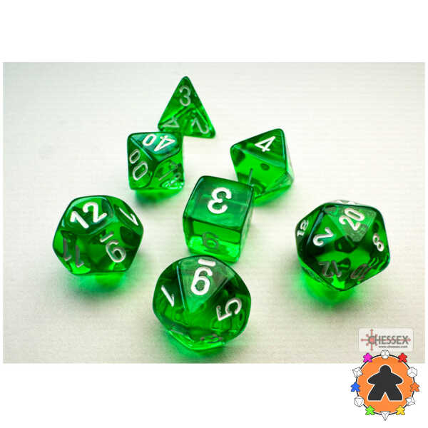 CHESSEX - Set de 7 mini dés - TRANSPARENT - Vert/Blanc - CHX20375