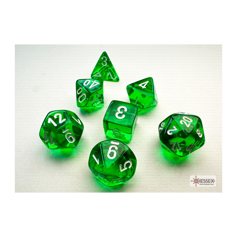 CHESSEX - Set de 7 mini dés - TRANSPARENT - Vert/Blanc - CHX20375
