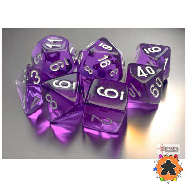 CHESSEX - Set de 7 mini dés - TRANSPARENT - Violet/Blanc - CHX20377