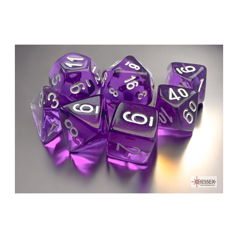 CHESSEX - Set de 7 mini dés - TRANSPARENT - Violet/Blanc - CHX20377